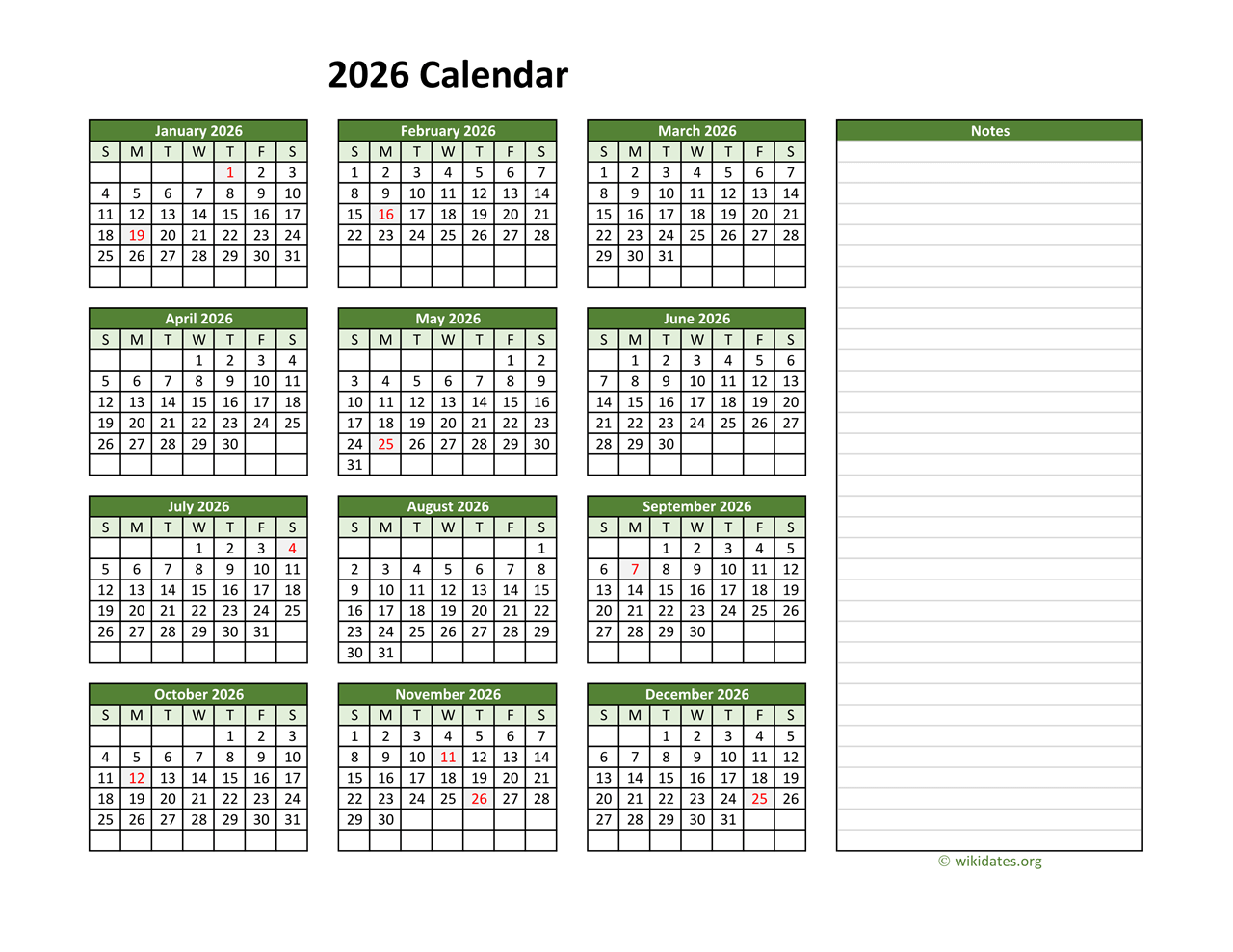 Free Printable 2026 Calendar With Notes