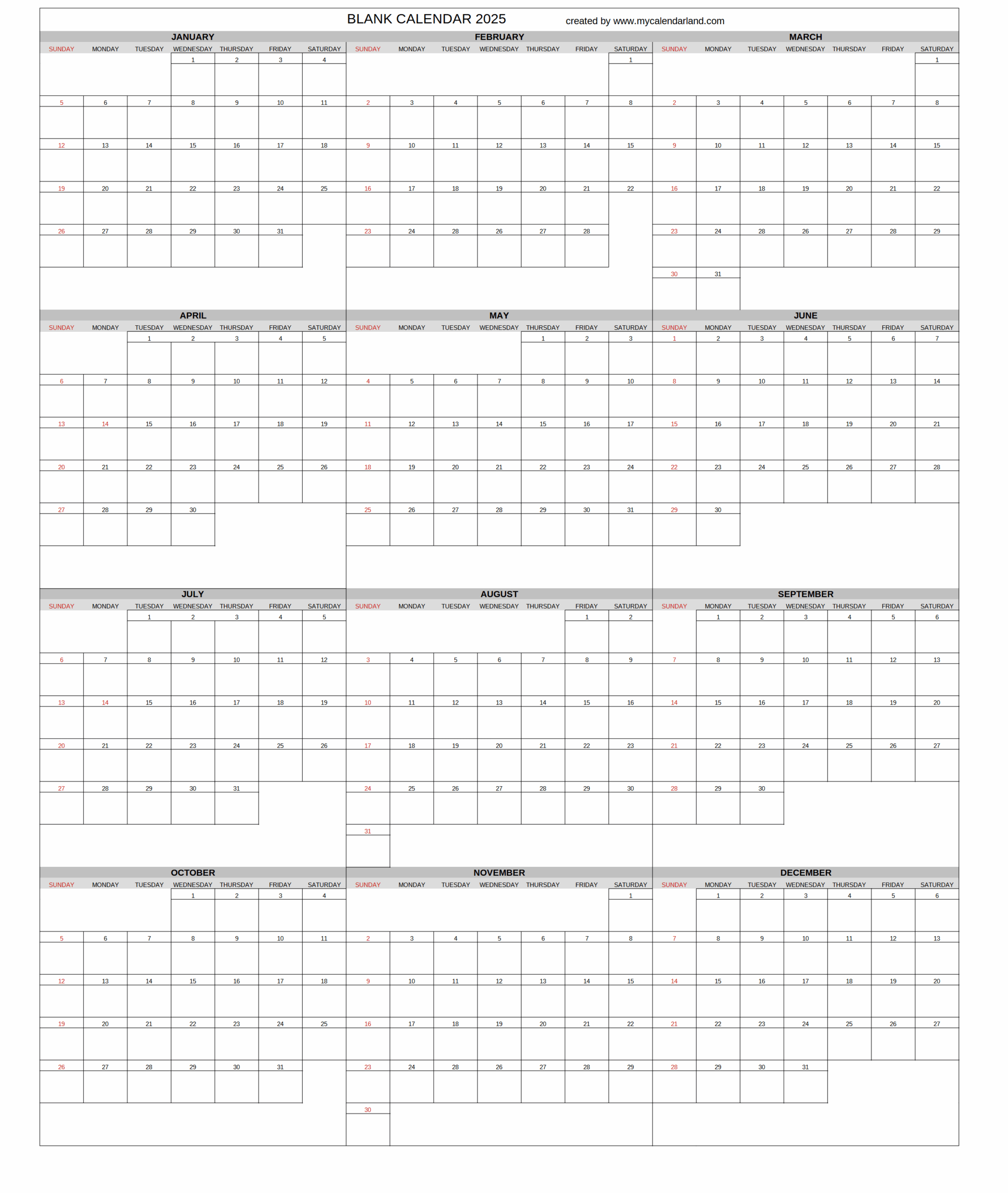 Blank Year Calendar 2025 Printable
