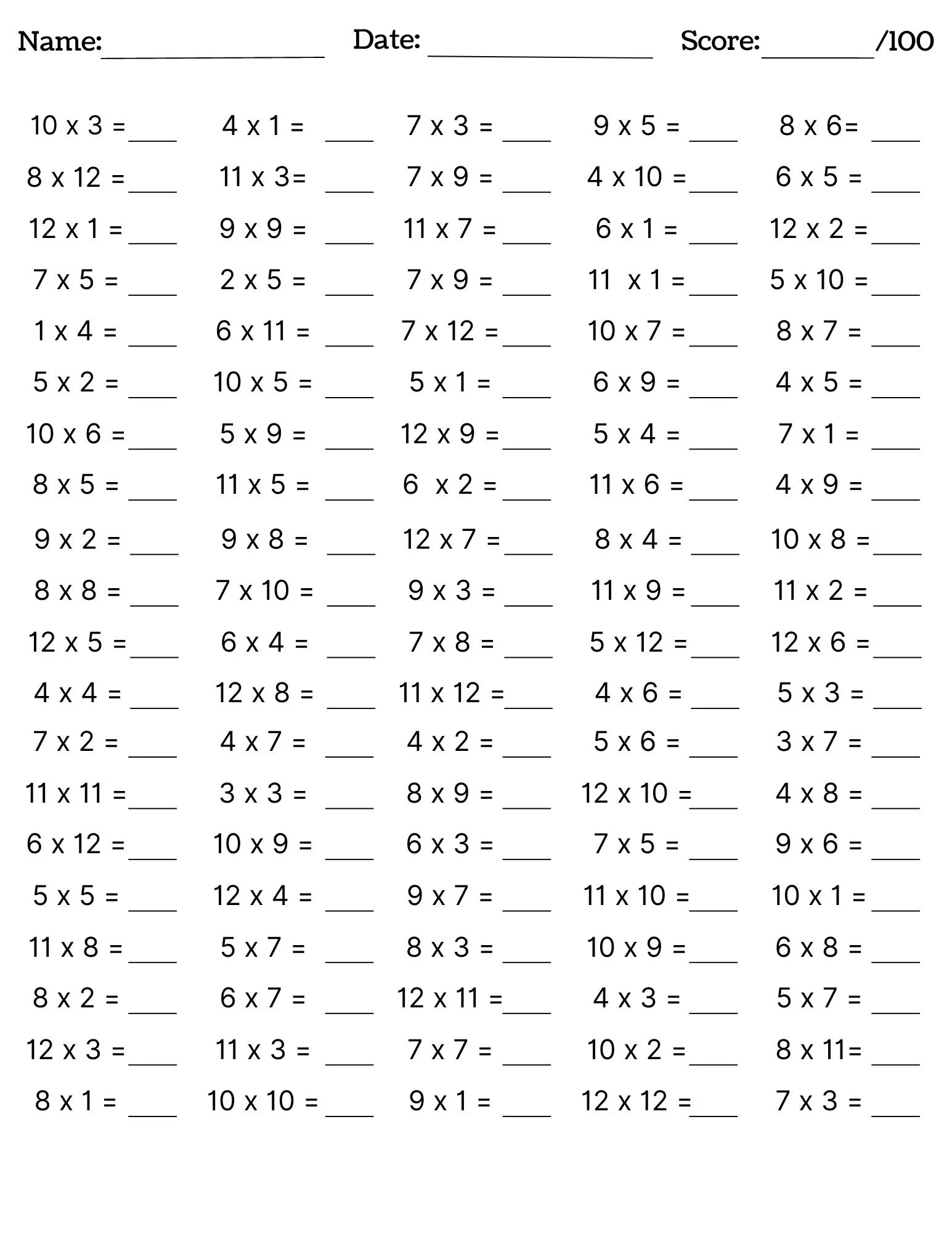 Printable Multiplication Worksheets