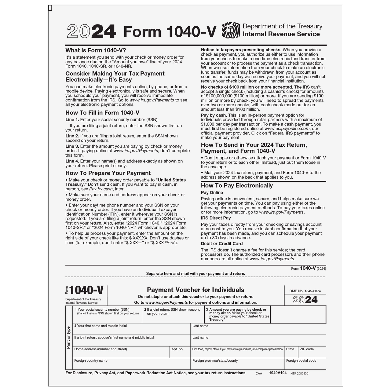 Irs Form 1040-V 2025 Printable