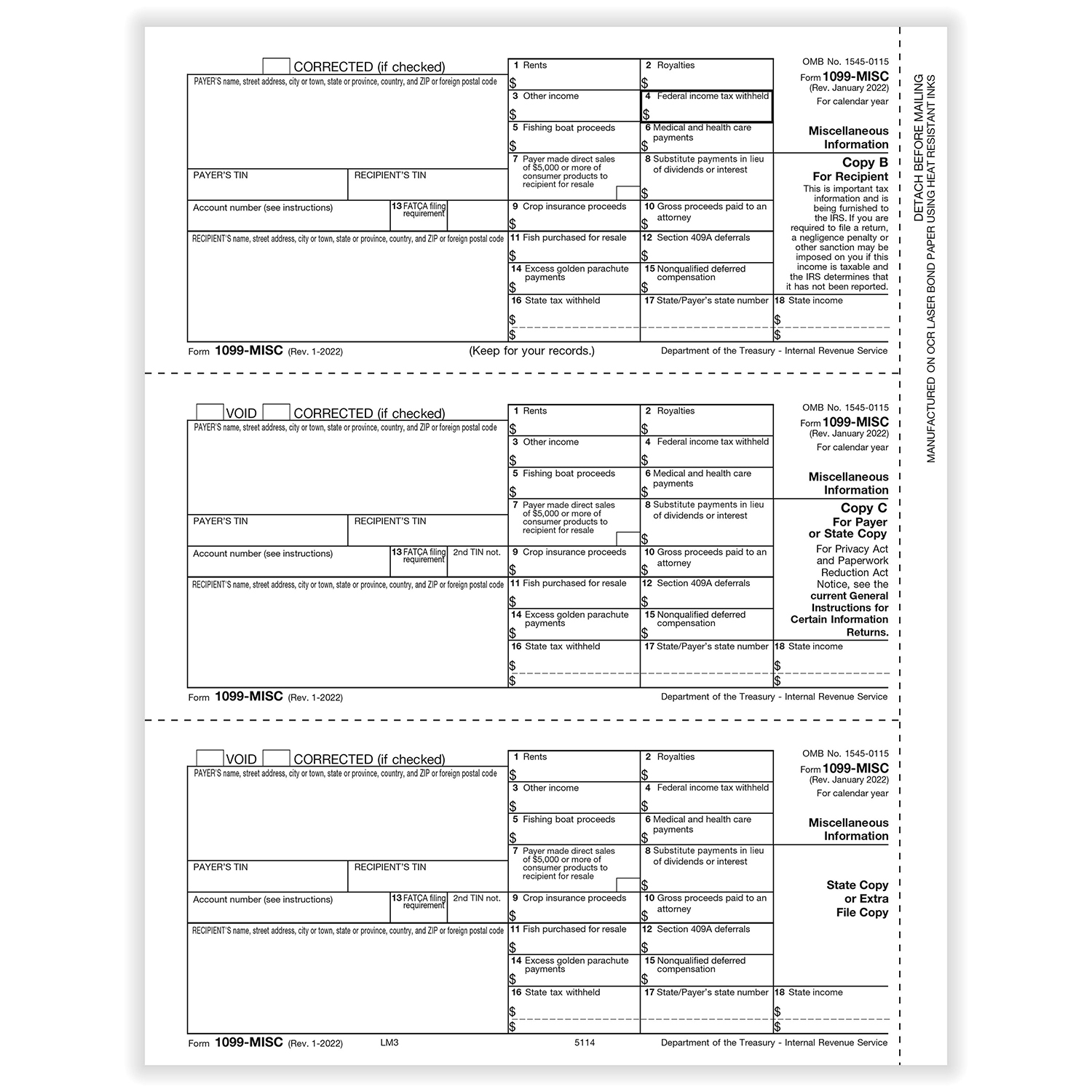 1099 MISC Form Copy B Copy C And State Or File Copy LM3 