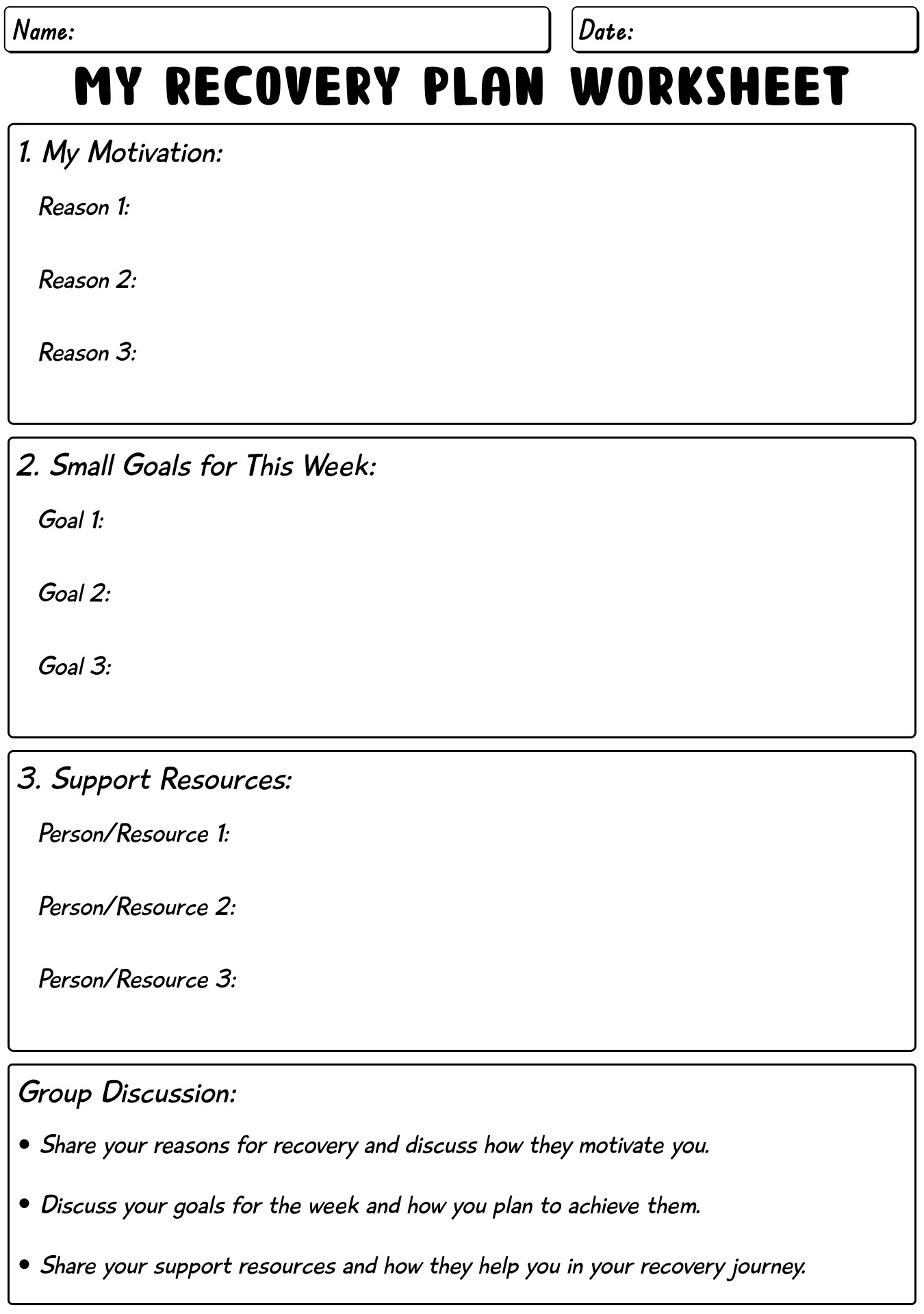 Group Recovery Worksheets Printable
