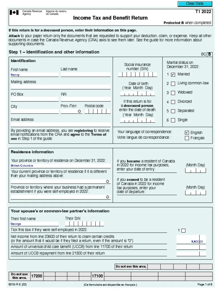 2022 T1 Form Completed PDF Tax Deduction Taxes