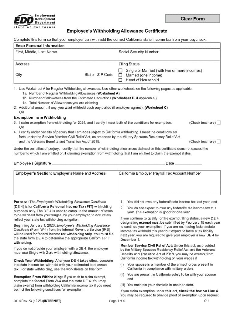 2023 2025 Form CA DE 4 Fill Online Printable Fillable Blank 