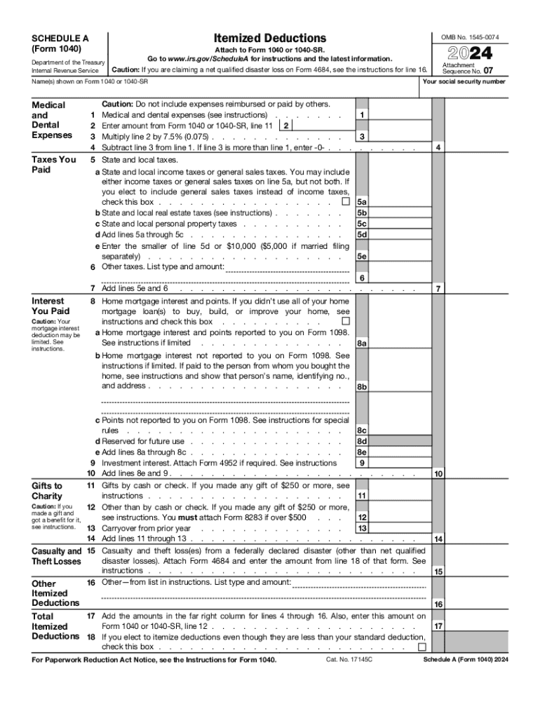 2024 Form IRS 1040 Schedule A Fill Online Printable Fillable 