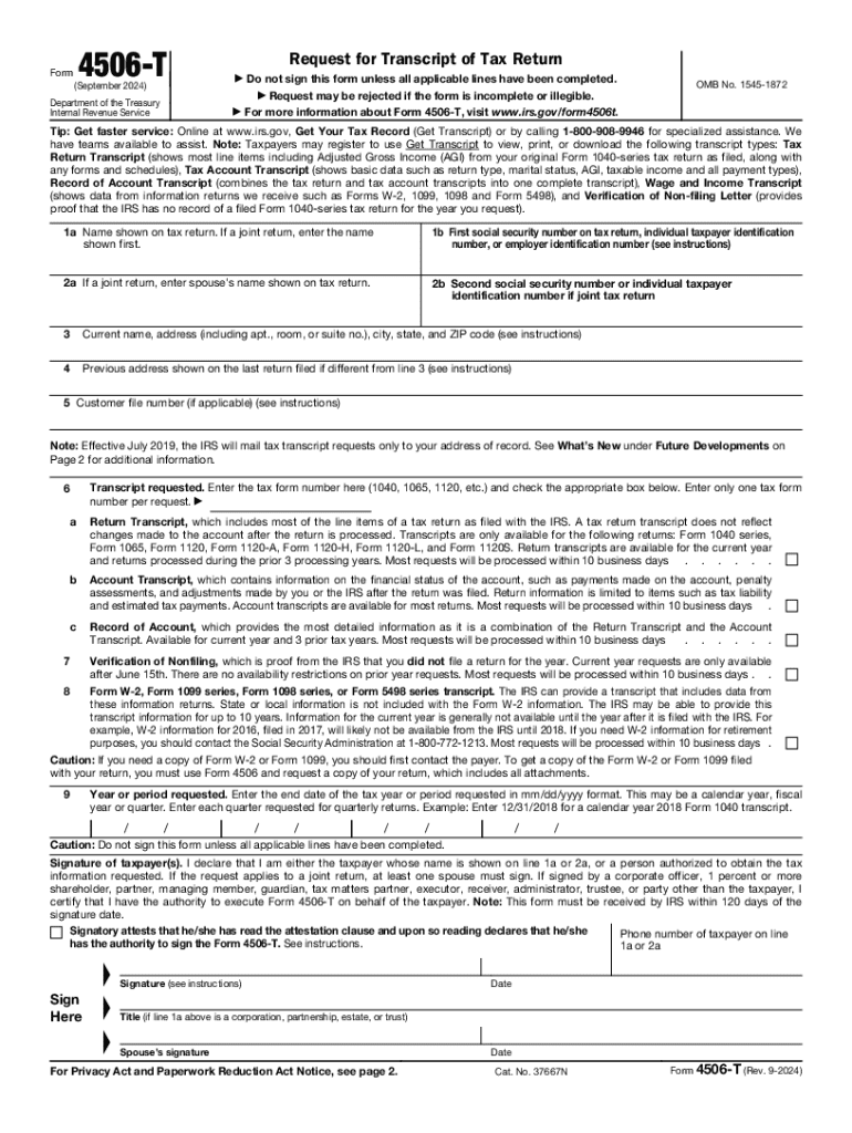 2024 Form IRS 4506 T Fill Online Printable Fillable Blank 