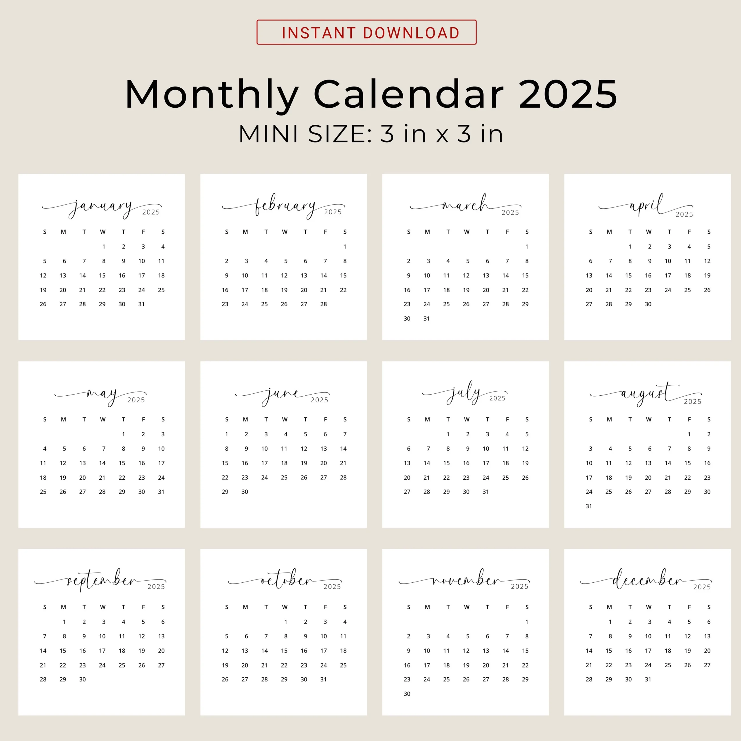 2025 3x3 Mini Calendar 2025 Calendar Card 2025 Pocket Calendar Elegant Printable Calendar Mini 3x3 Inch Calendar PDF Sunday amp Monday Start