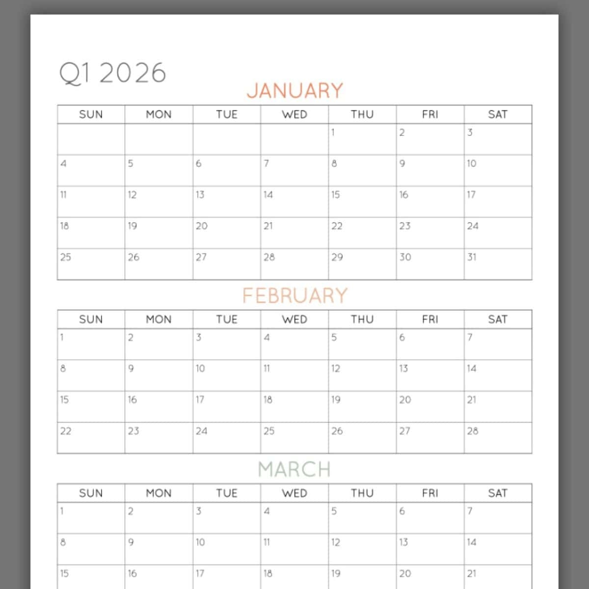 Free Printable 3 Month Calendar 2026