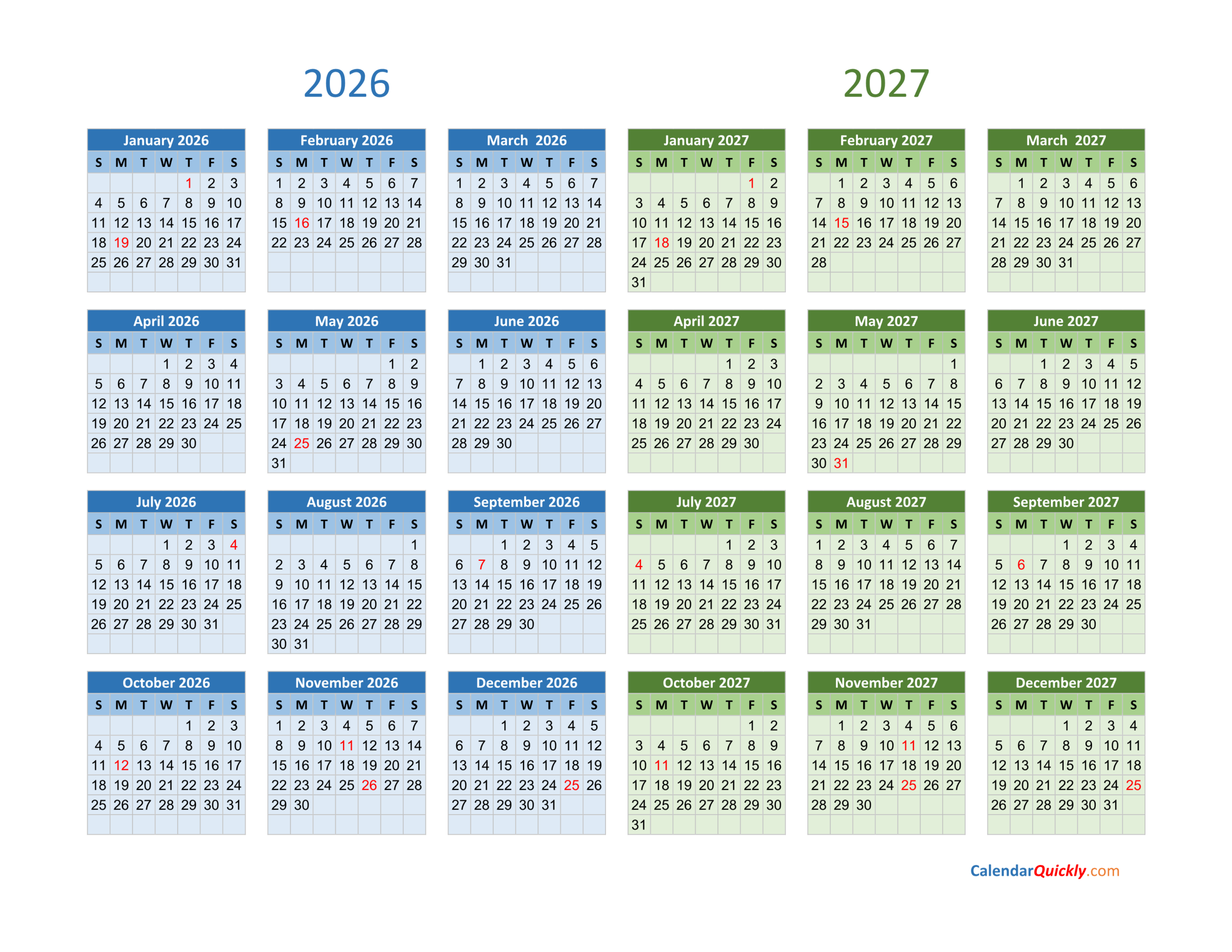 Printable Blank Calender Calendar 2026-2027