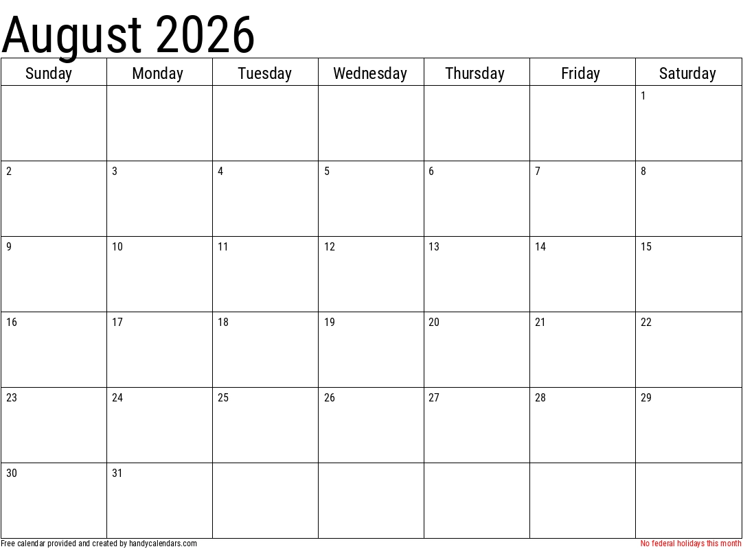 Printable Blank Calendar 2026 August