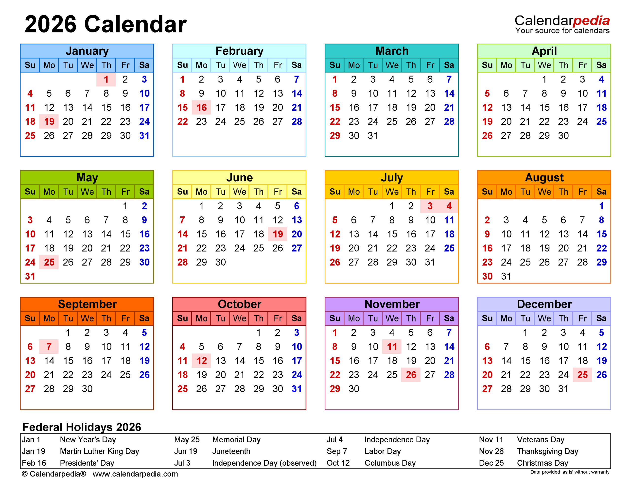 2026 Printable Calendar By Month With Holidays