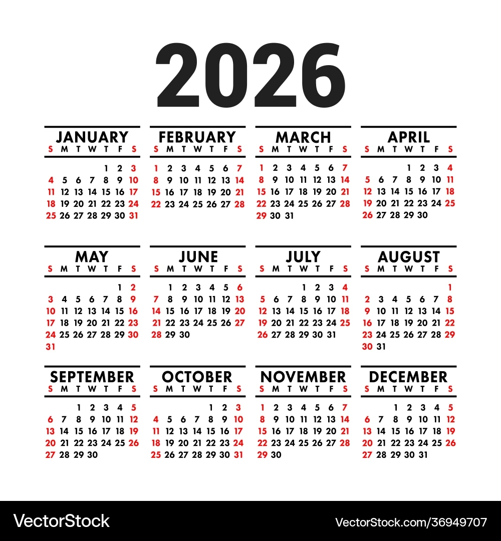 2026 Calendar Square Wall Pocket Royalty Free Vector 