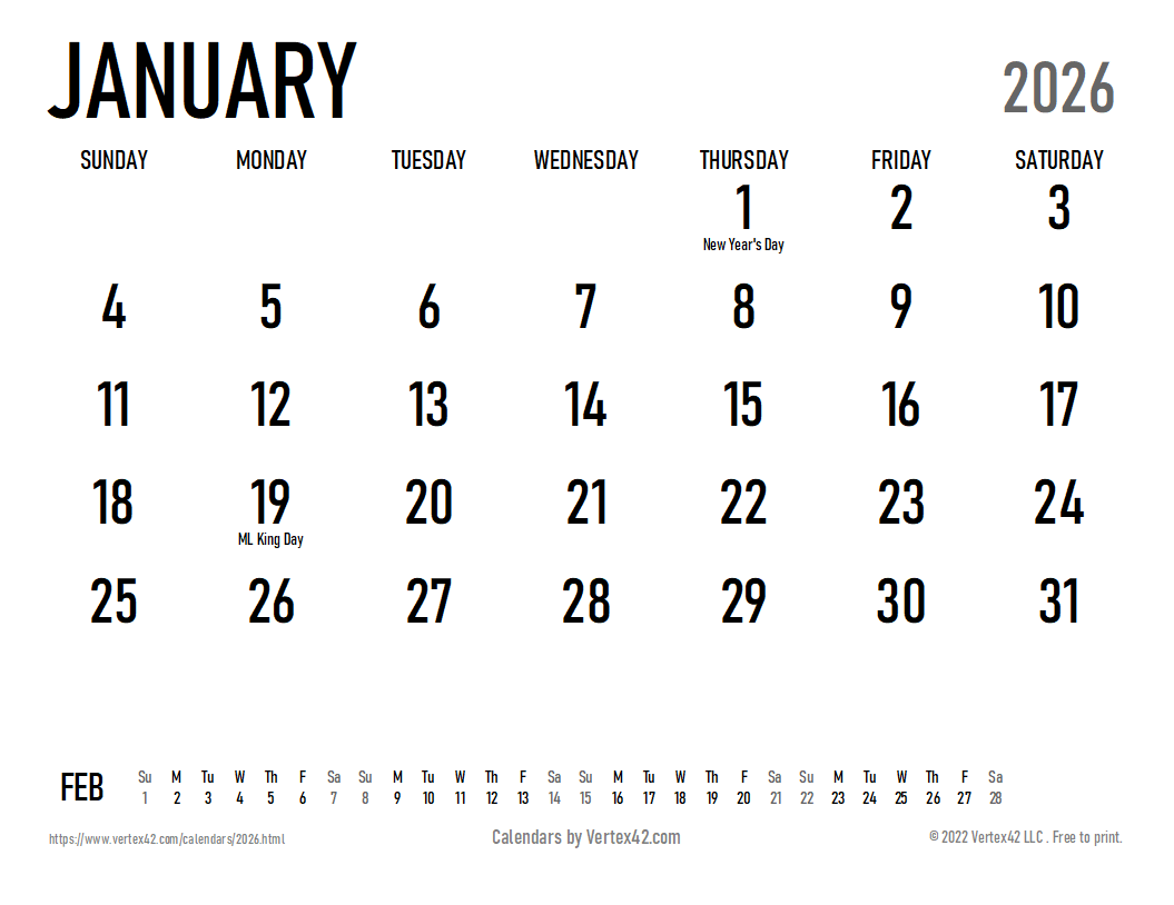 Large Printable 2026 Calendar