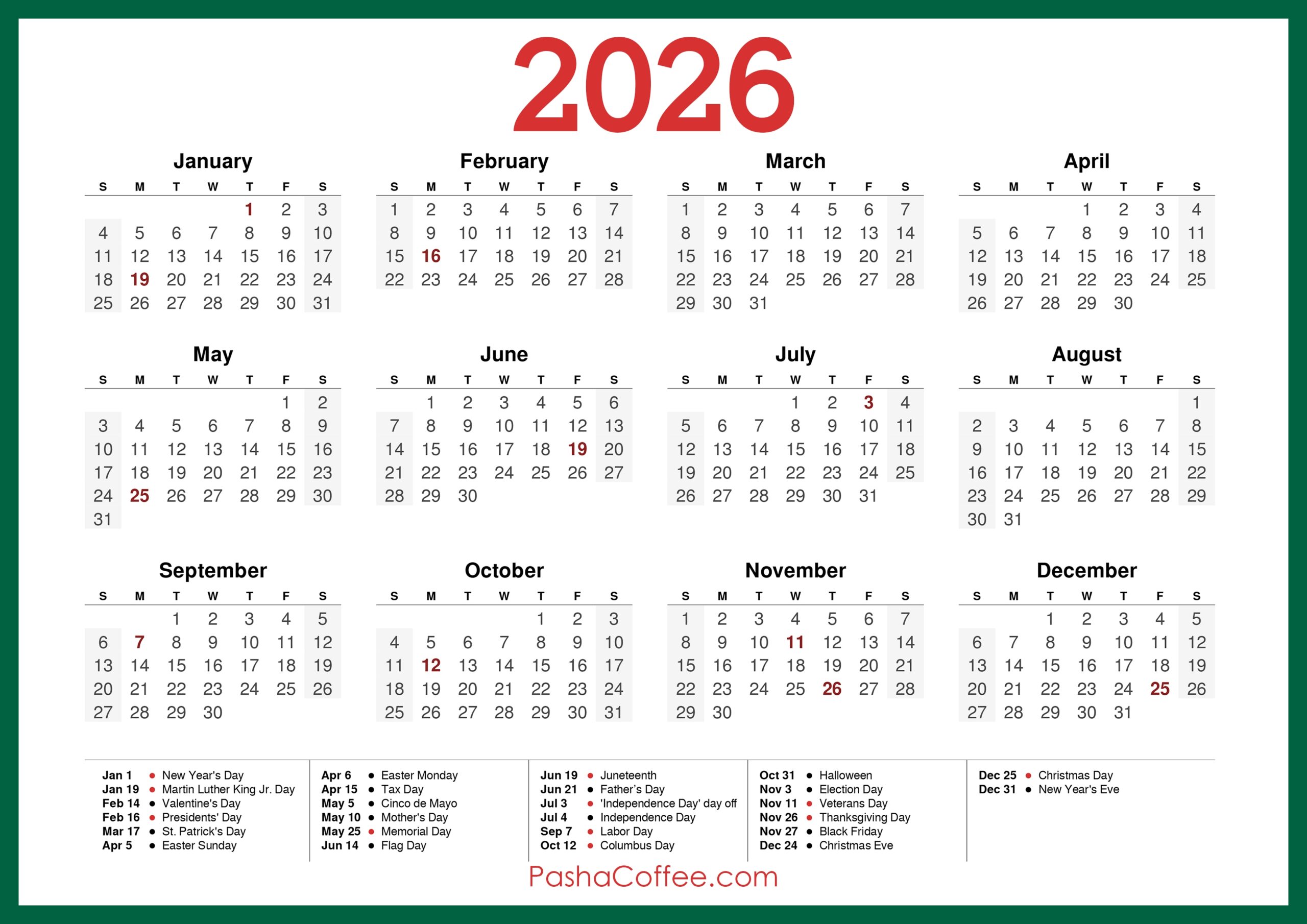 2026 Calendar With Holidays Printable Pdf