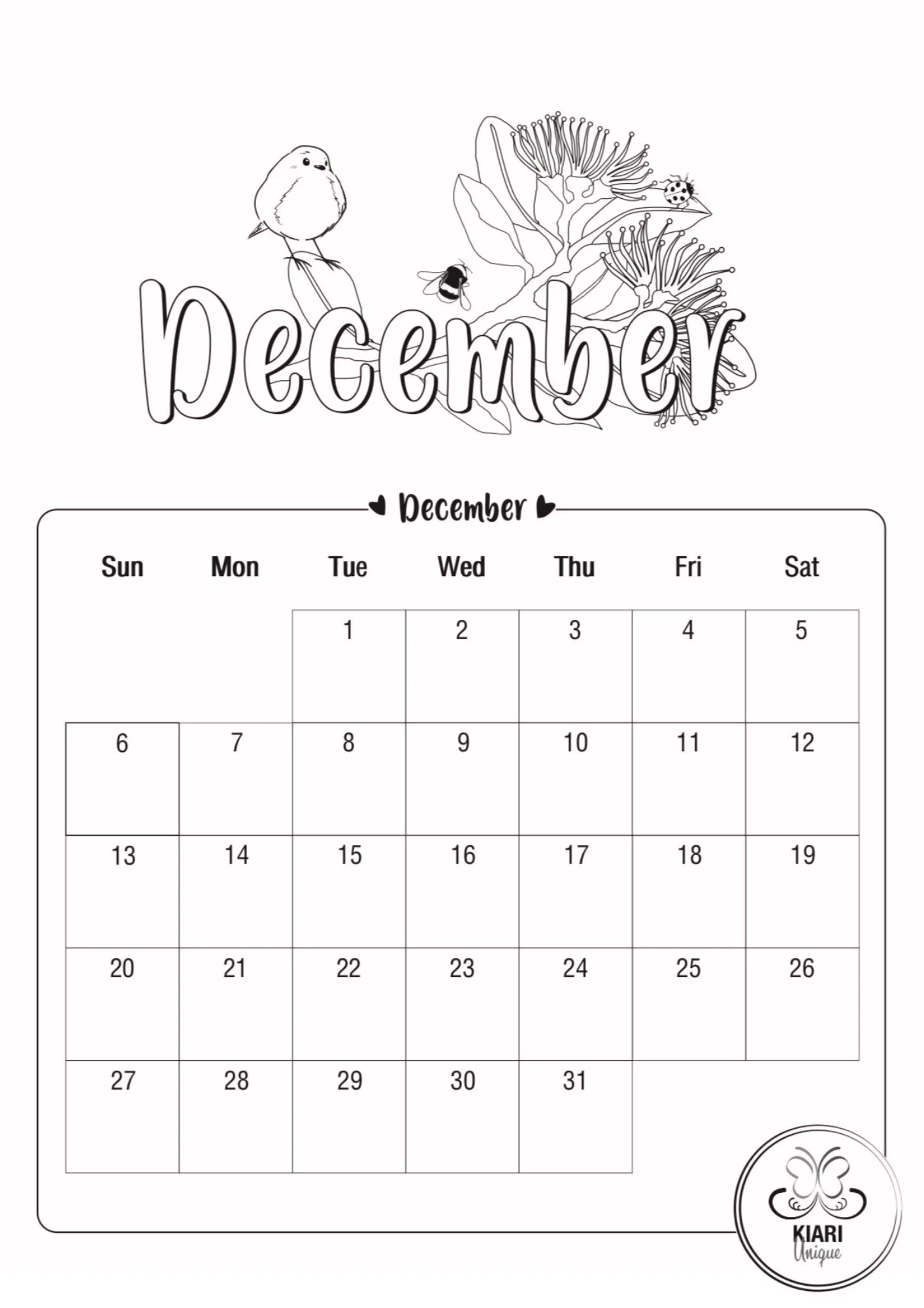 Blank Printable Coloring Calendar 2026