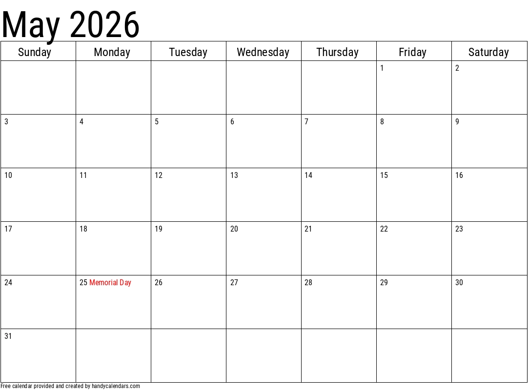 Blank Calendar Template May 2026 Printable
