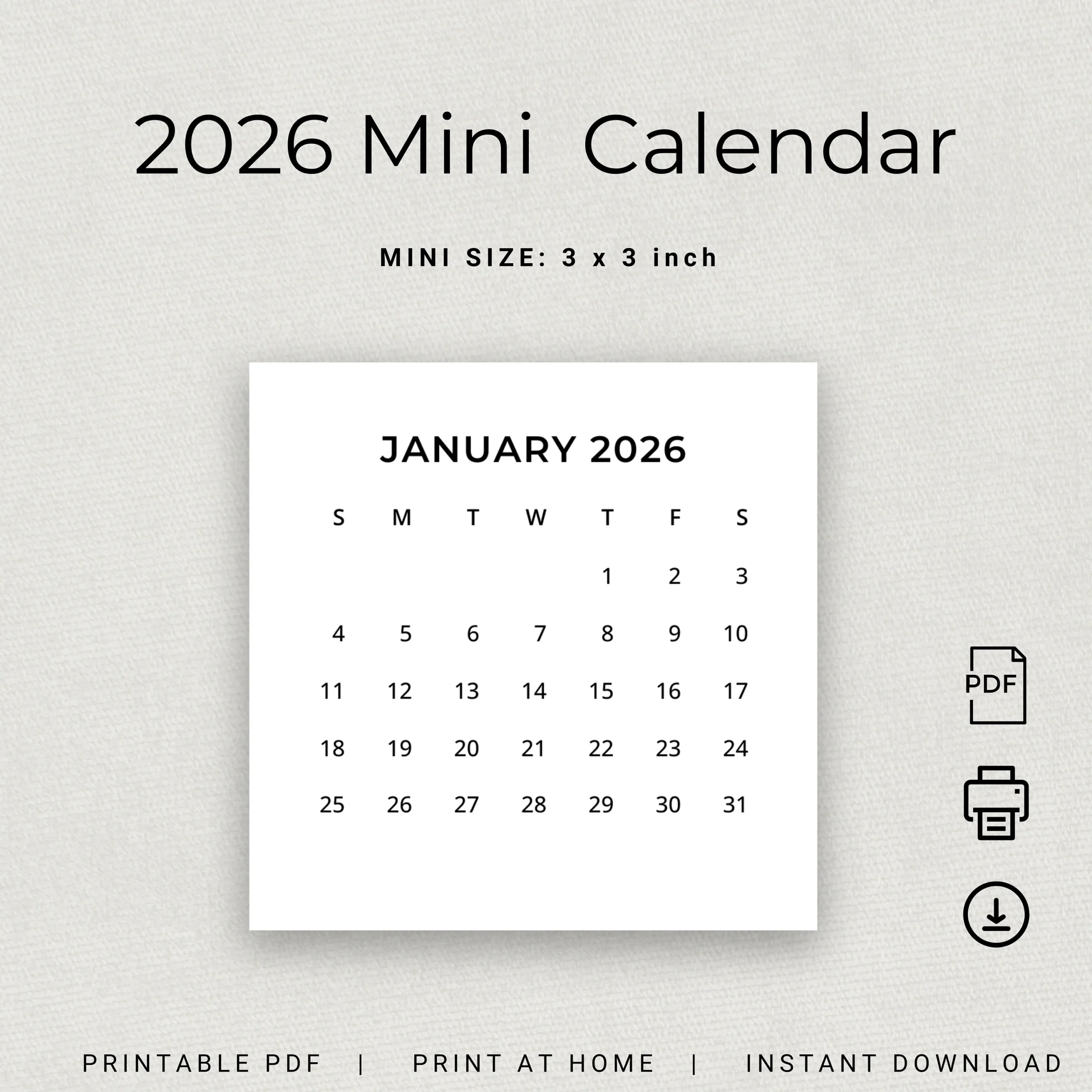 2026 Mini Calendar 2026 Small Calendar Printable 2026 Minimalist 