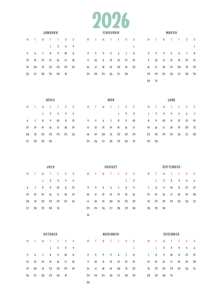 2026 Monday Start Calendar At A Glance PDF