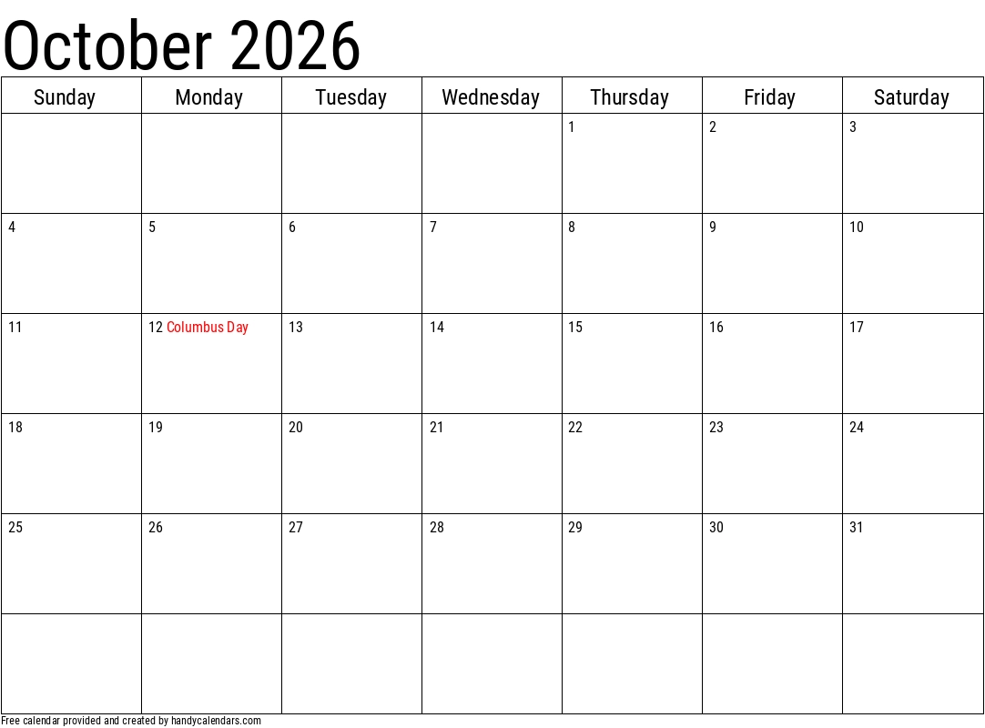 Blank October 2026 Calendar Printable