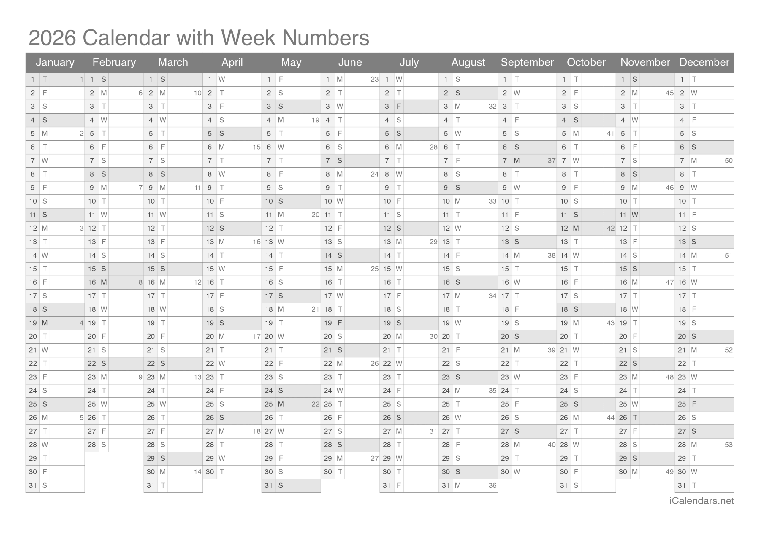 2026 Calendar Year At A Glance Printable