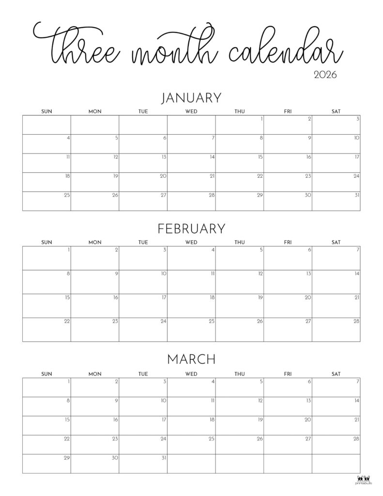 2026 Three Month Quarterly Calendars 36 FREE Cals Printabulls