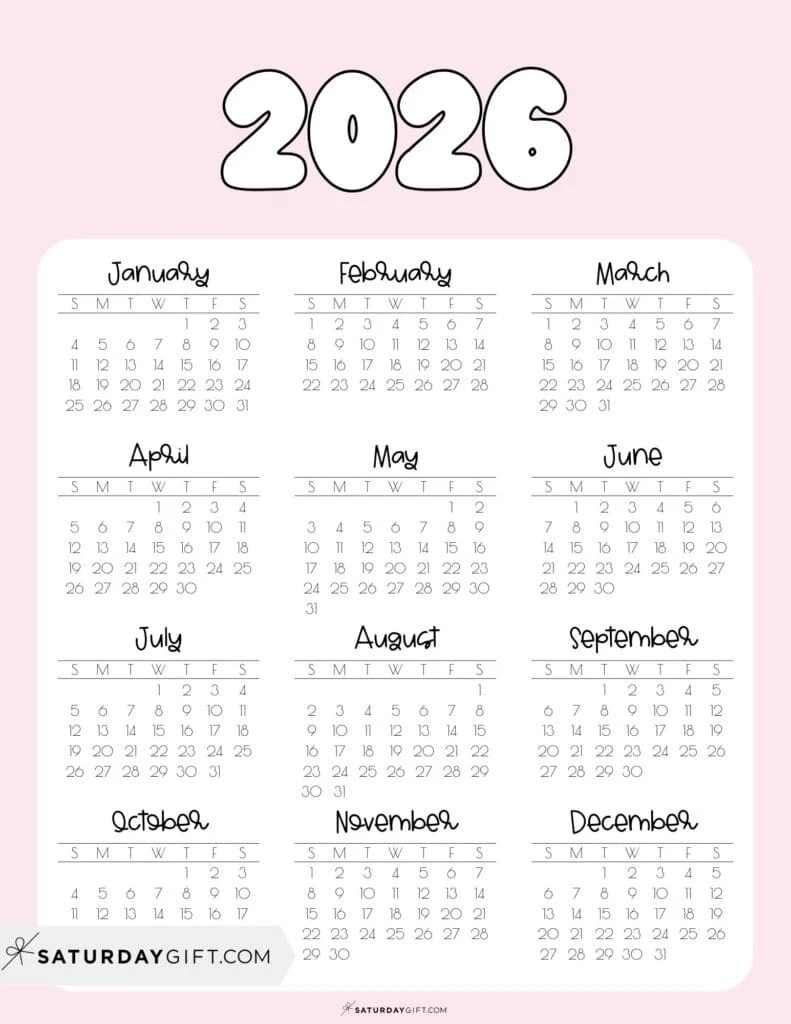 2026 Yearly Calendars 35 Free Printables
