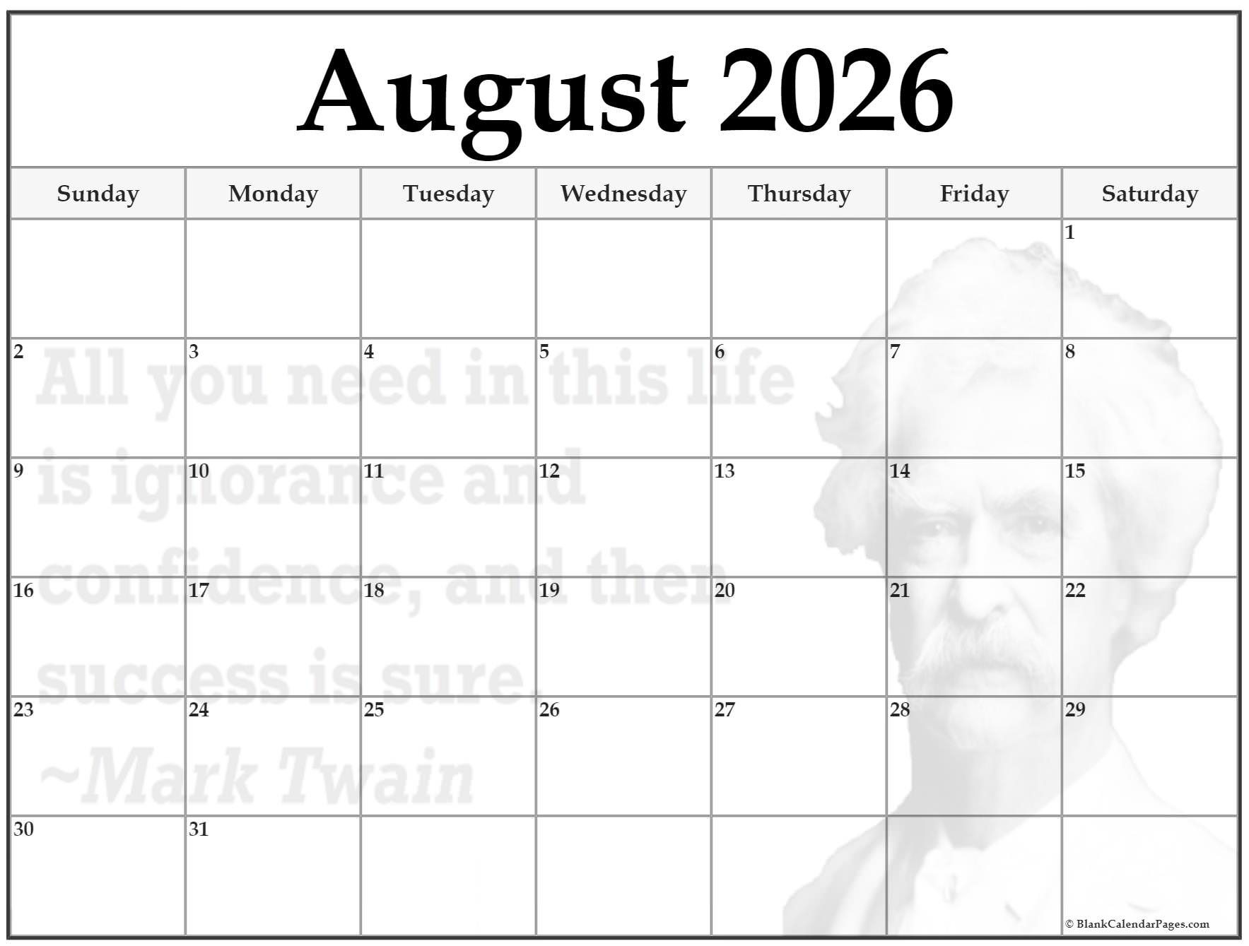 Blank Calendar Page For August 2026