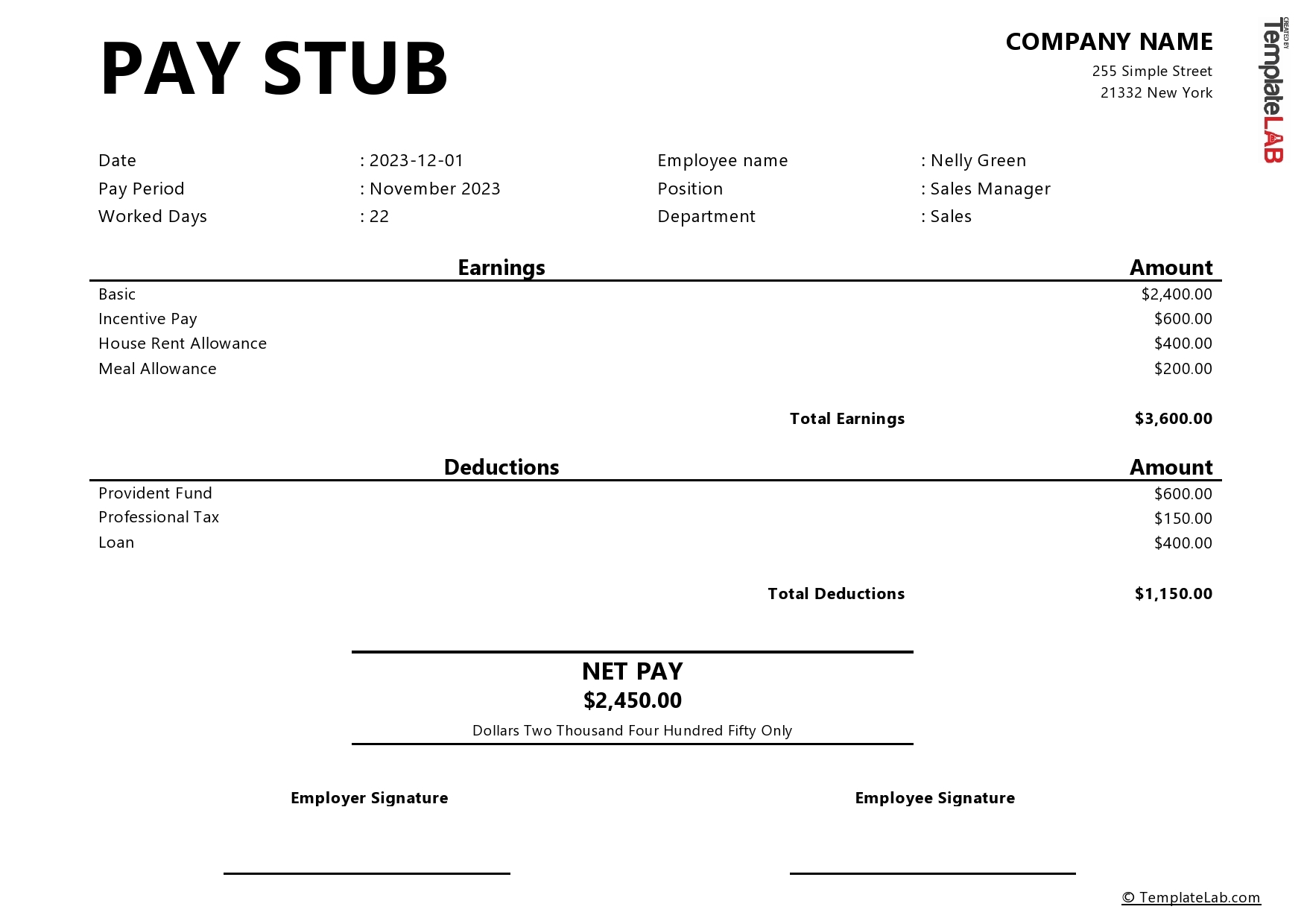 Printable Paycheck Stub Template