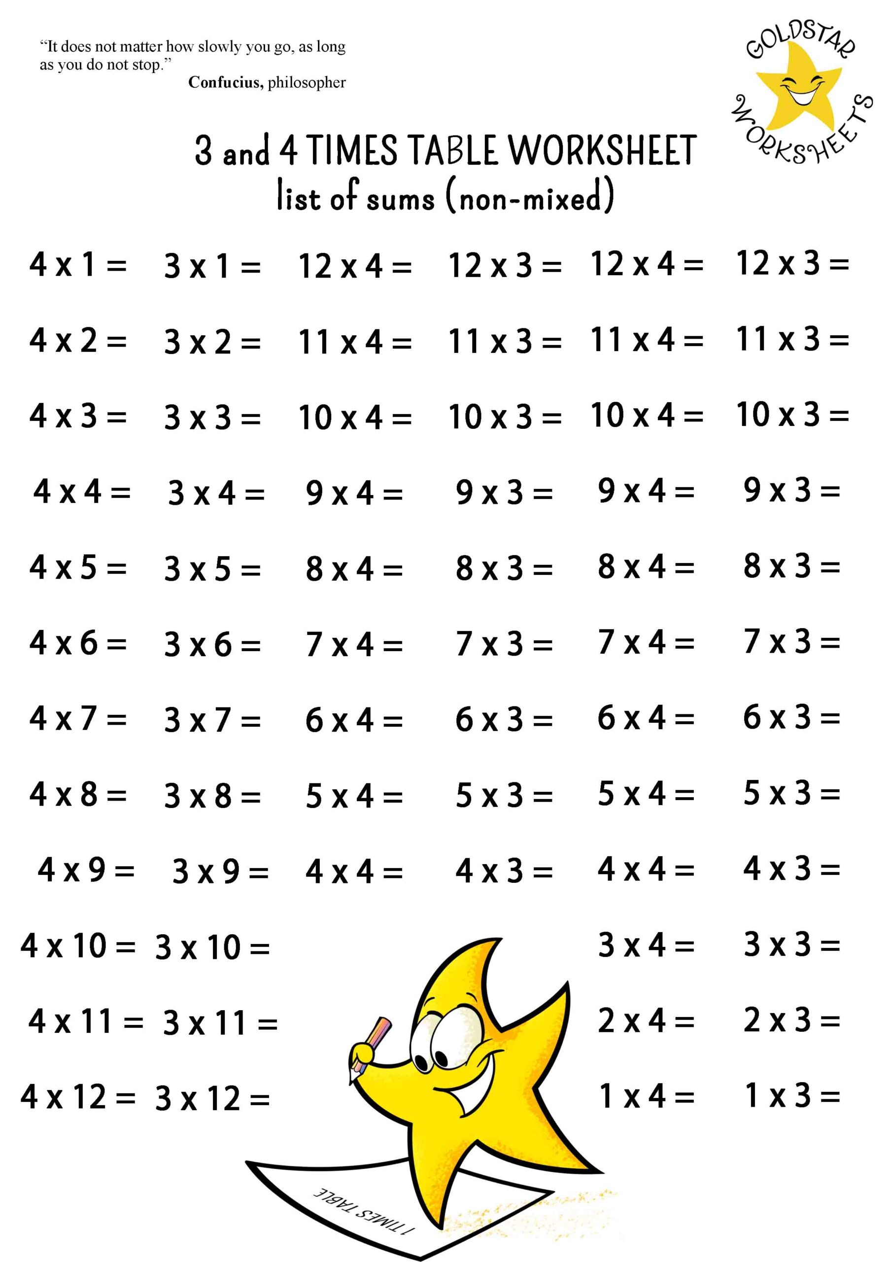 3 amp 4 Times Tables On One Page Free Colorful Multiplication Sheets