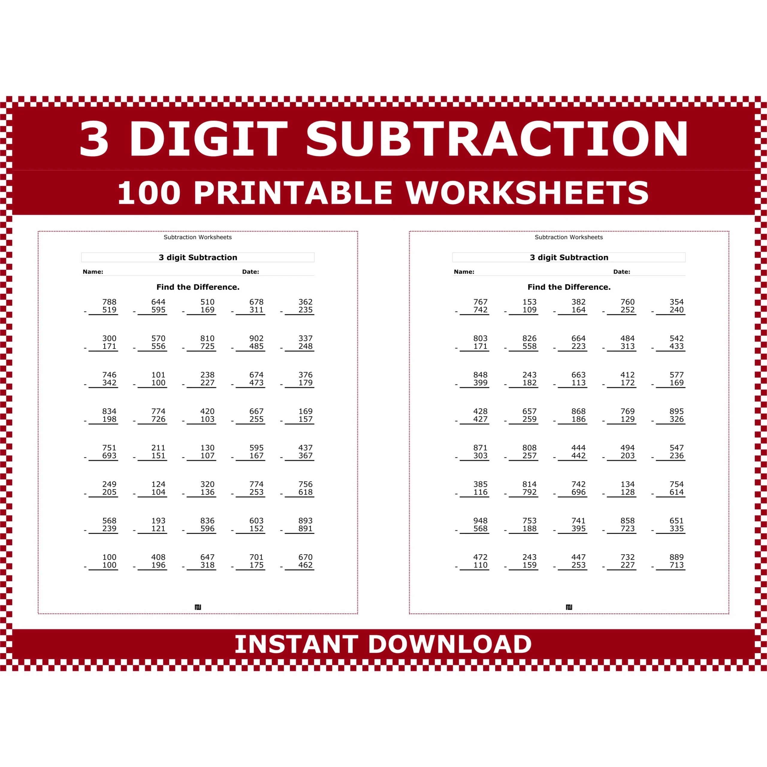 3 Digit Subtraction Worksheets Printable