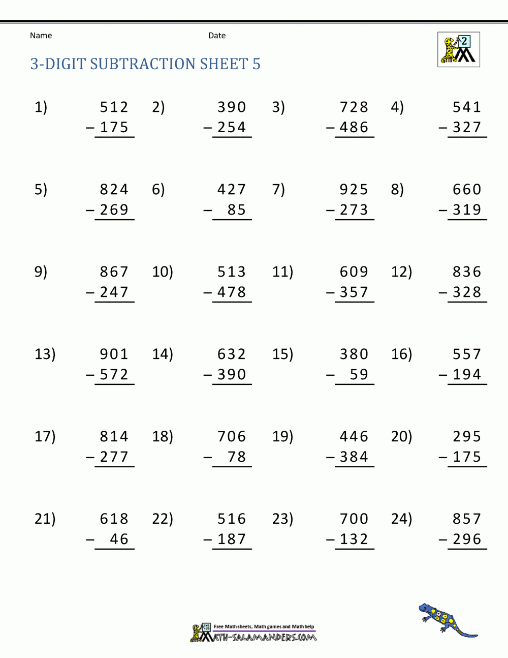 3 Digit Subtraction Worksheets