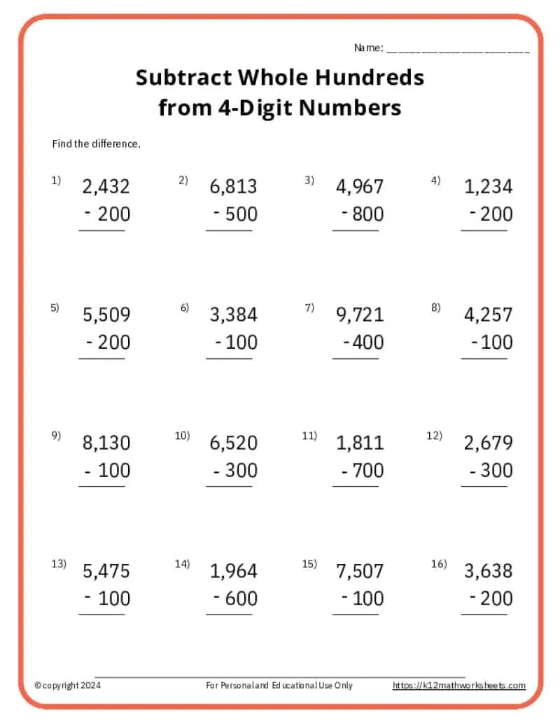 Free Printable Subtraction Worksheets Grade 3