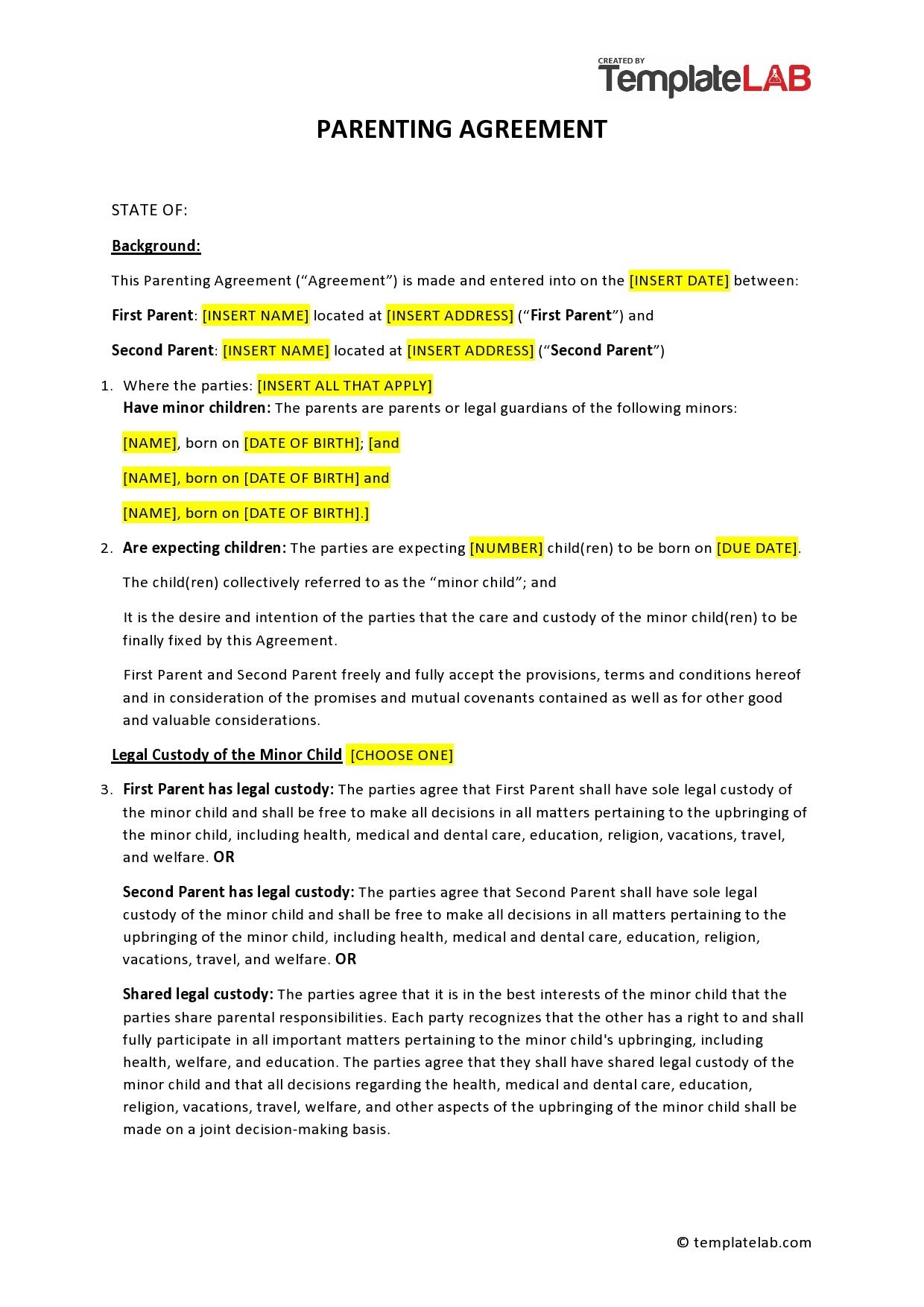 Printable Custody Agreement Template