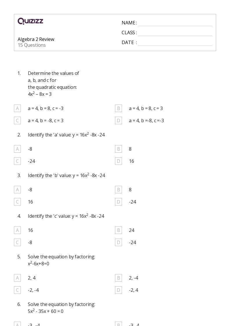 50 Algebra 2 Worksheets For 11th Class On Quizizz Free amp Printable