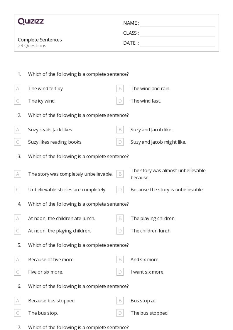 50 Complete Sentences Worksheets For 5th Grade On Quizizz Free 
