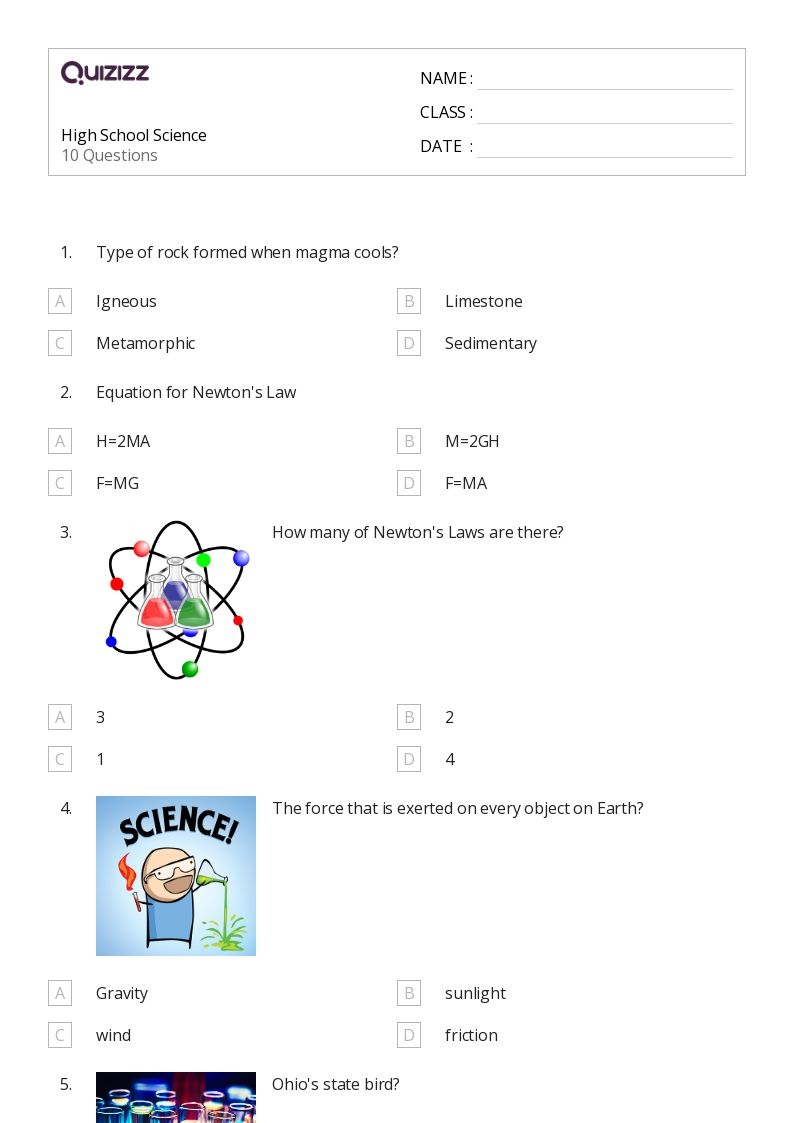 50 High School Science Worksheets For 9th Class On Quizizz Free 