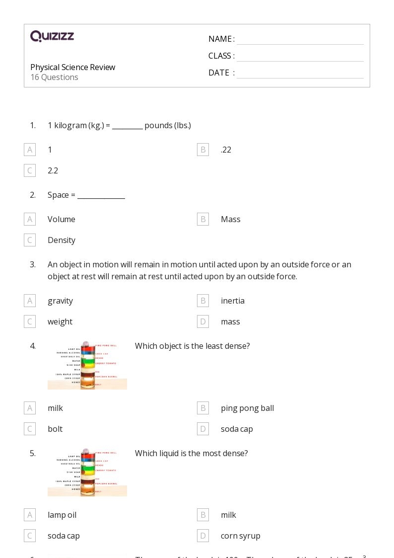 Printable Science Worksheets Grade 6