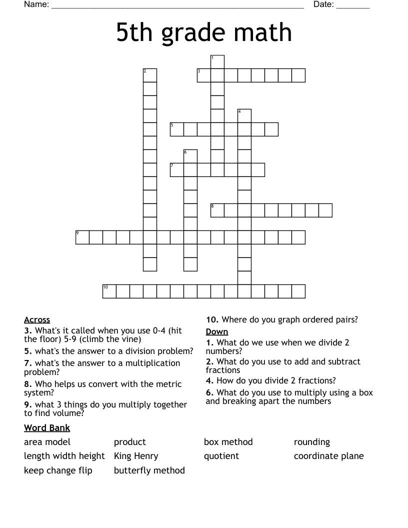 5th Grade Crossword Puzzles Free Printable