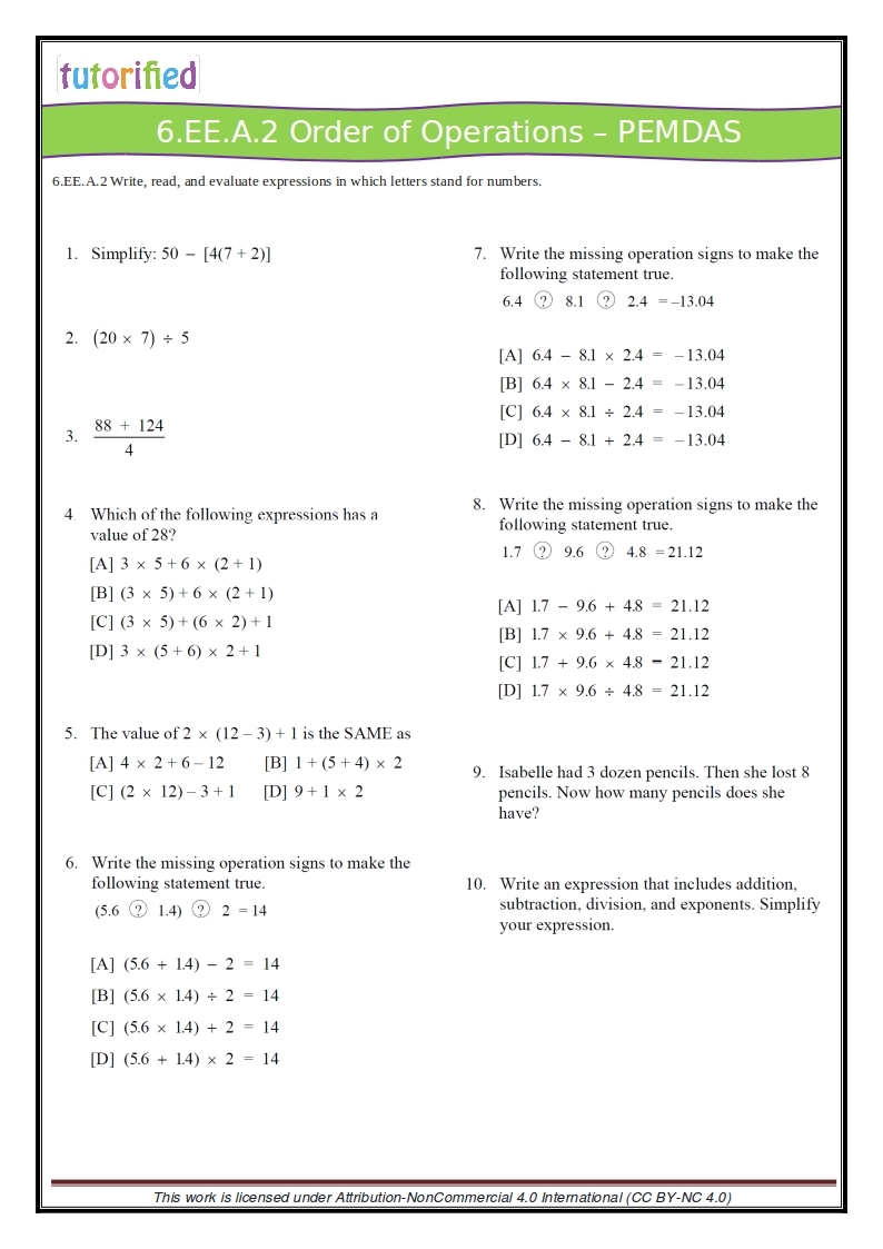6th Grade Math Worksheets Printable Free Pdf