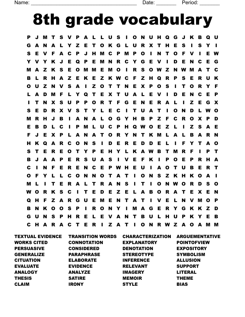 Grade 8 Vocabulary Worksheets Printable Free