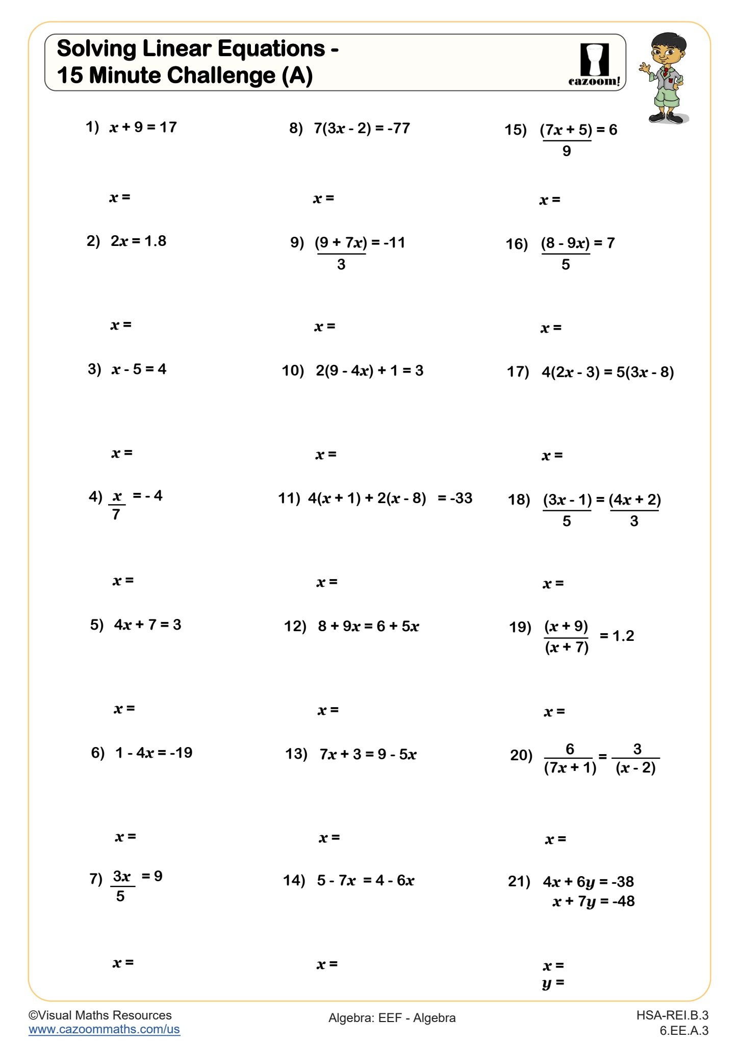 Printable Algebra Worksheets With Answers Pdf