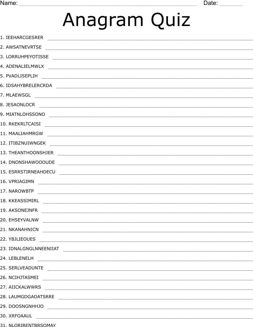 Anagram Quizzes Free Printable