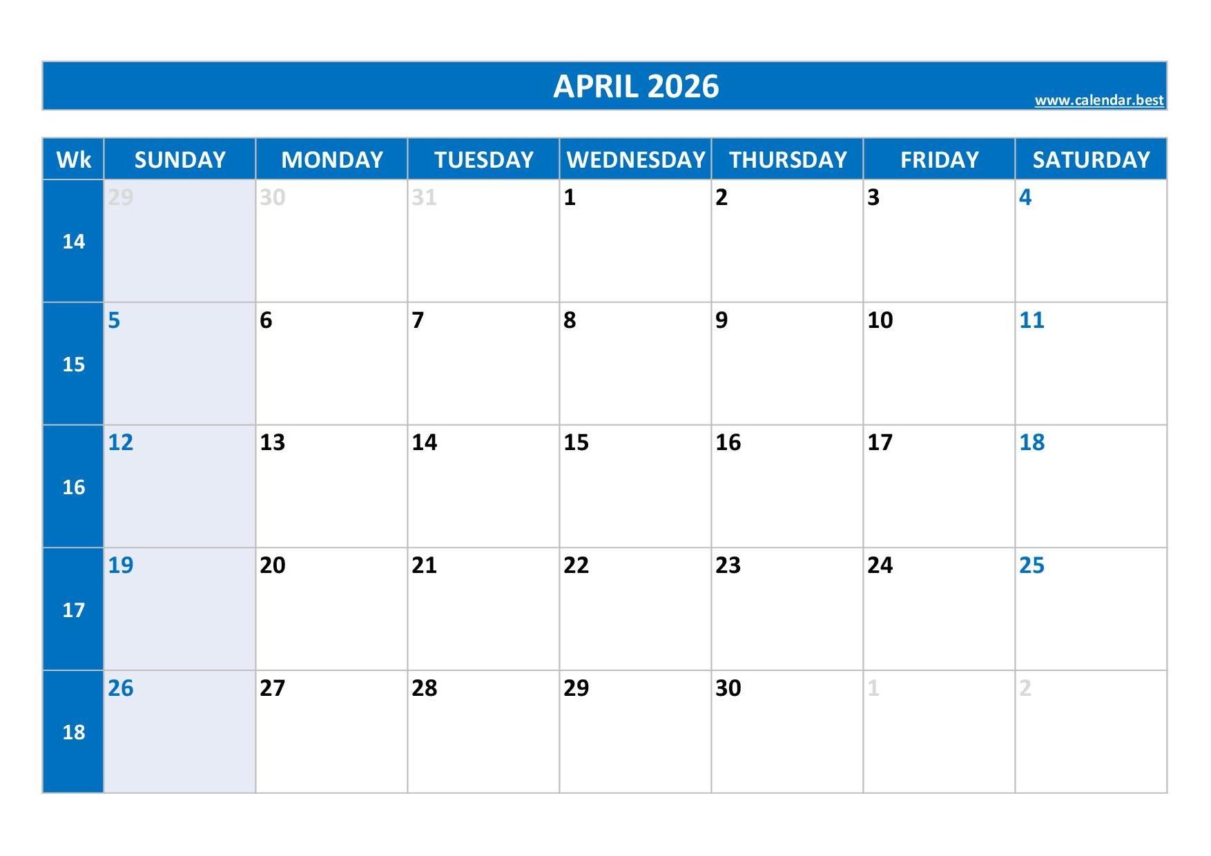 Blank April Calendar 2026 Printable Free