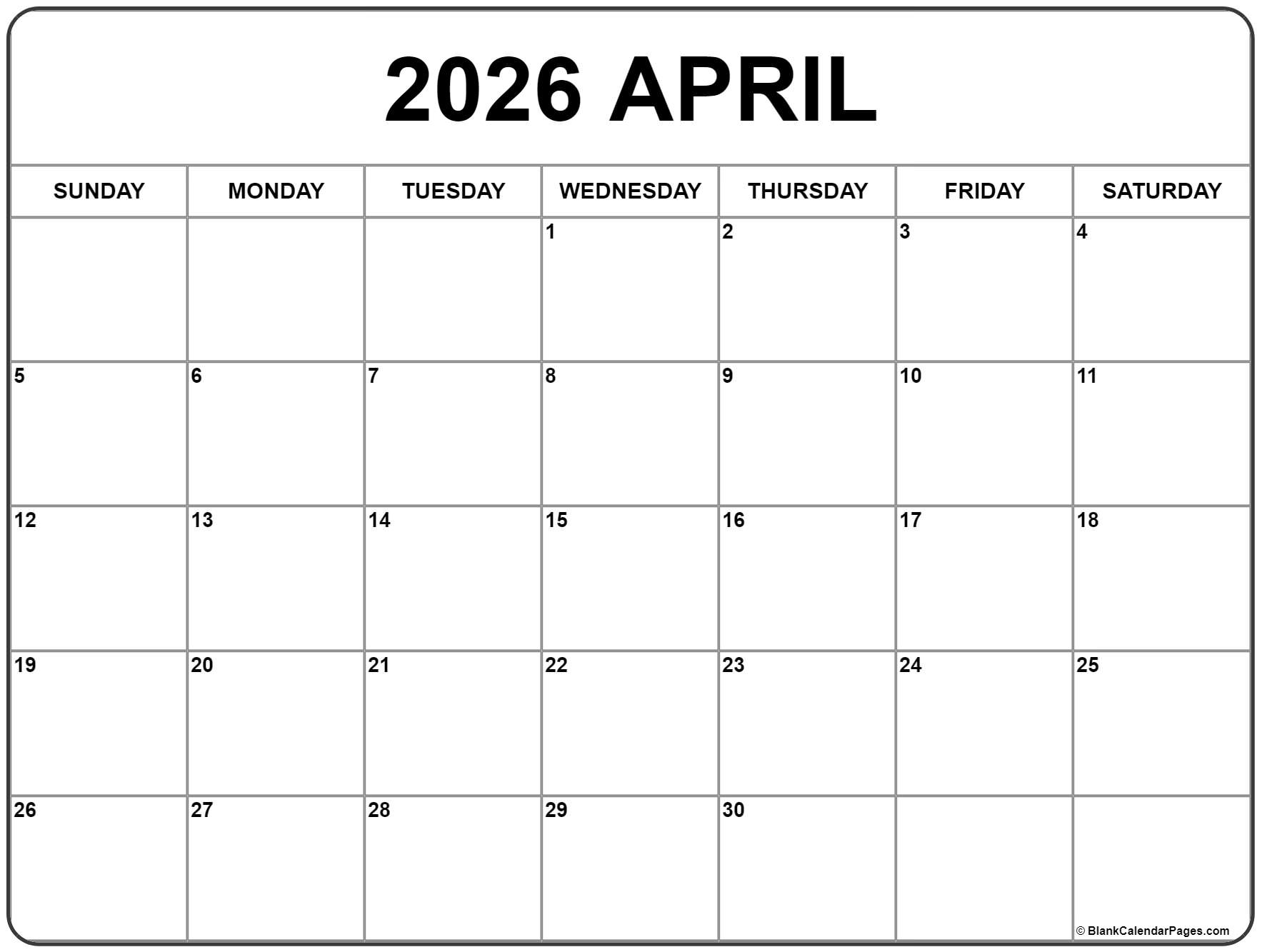 April 2026 Calendar Free Printable Calendars
