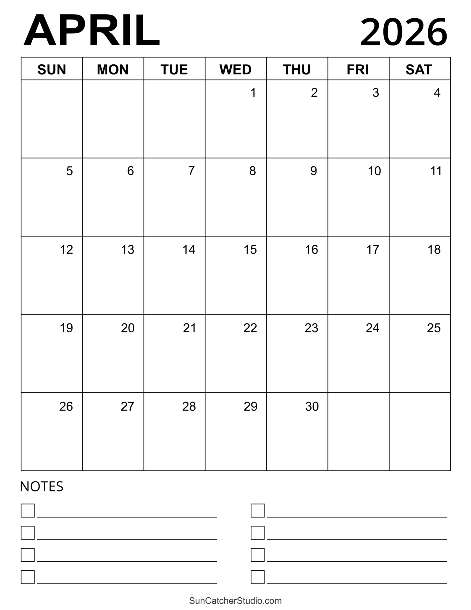 April 2026 Free Printable Calendar