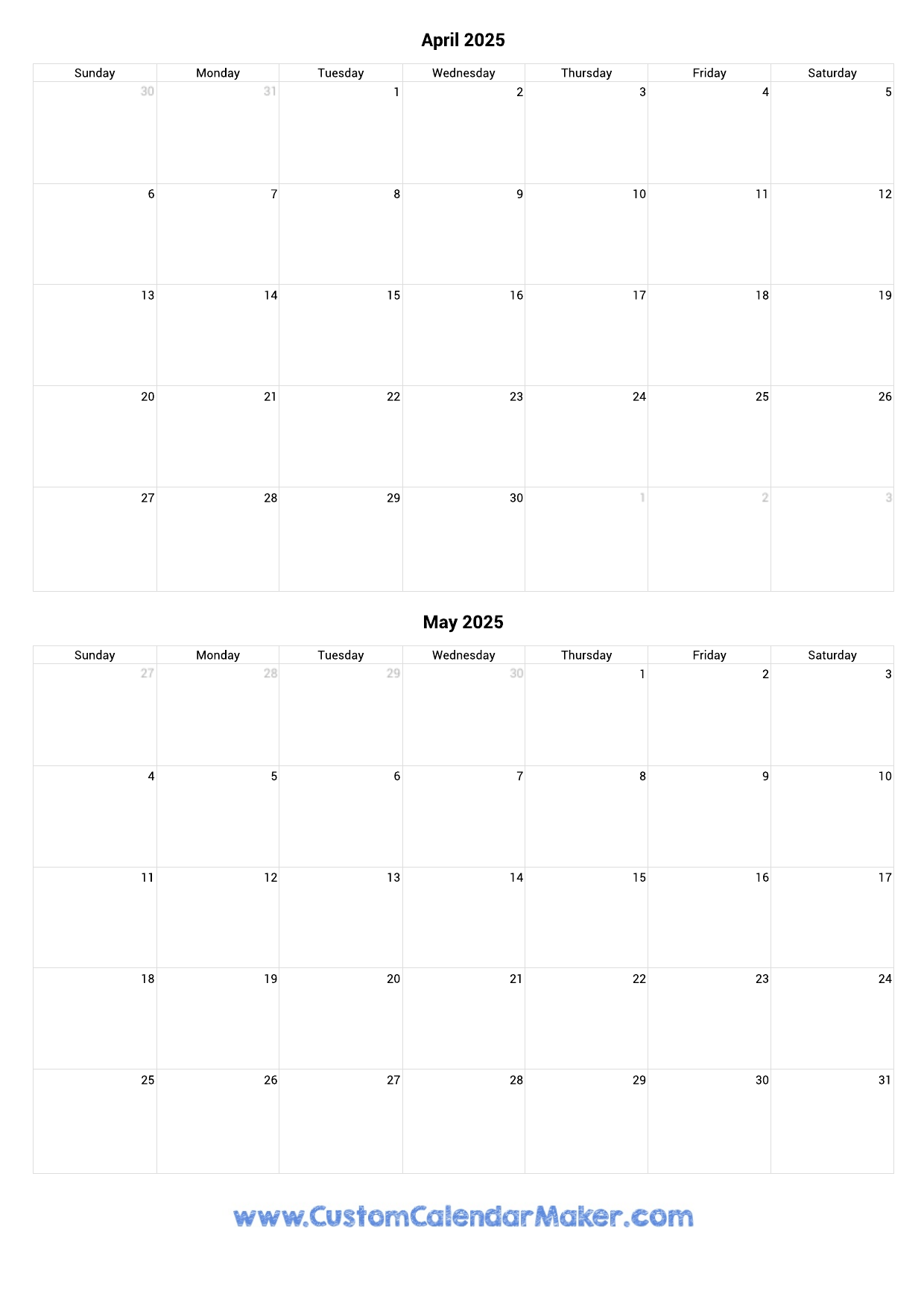 April And May 2025 Calendar Custom Calendar Maker