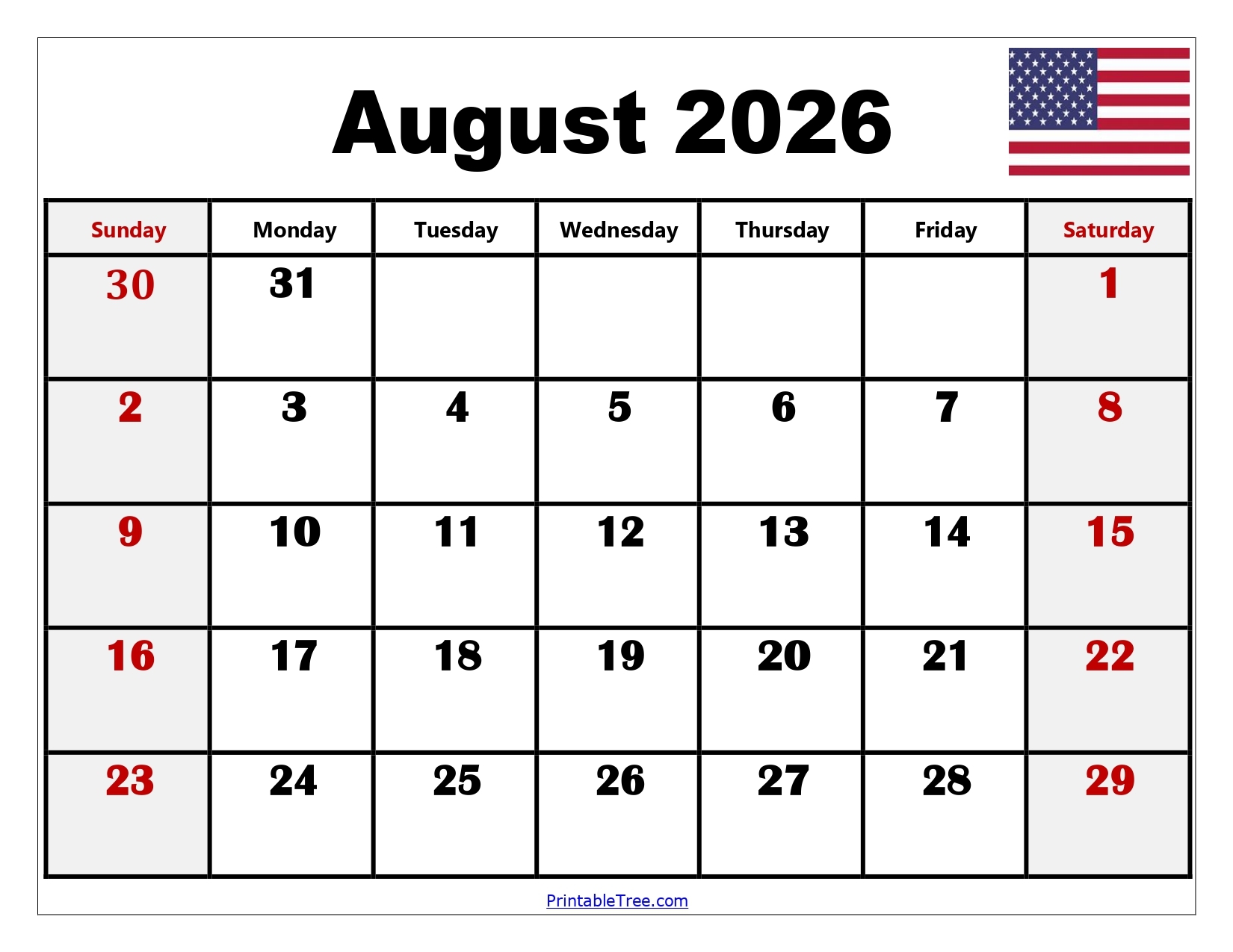 Blank August 2026 Printable Calendar