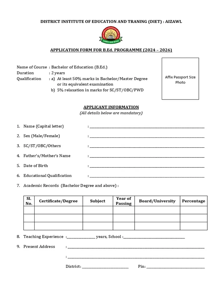B Ed Application Form 2024 DIET Aizawl PDF University And 