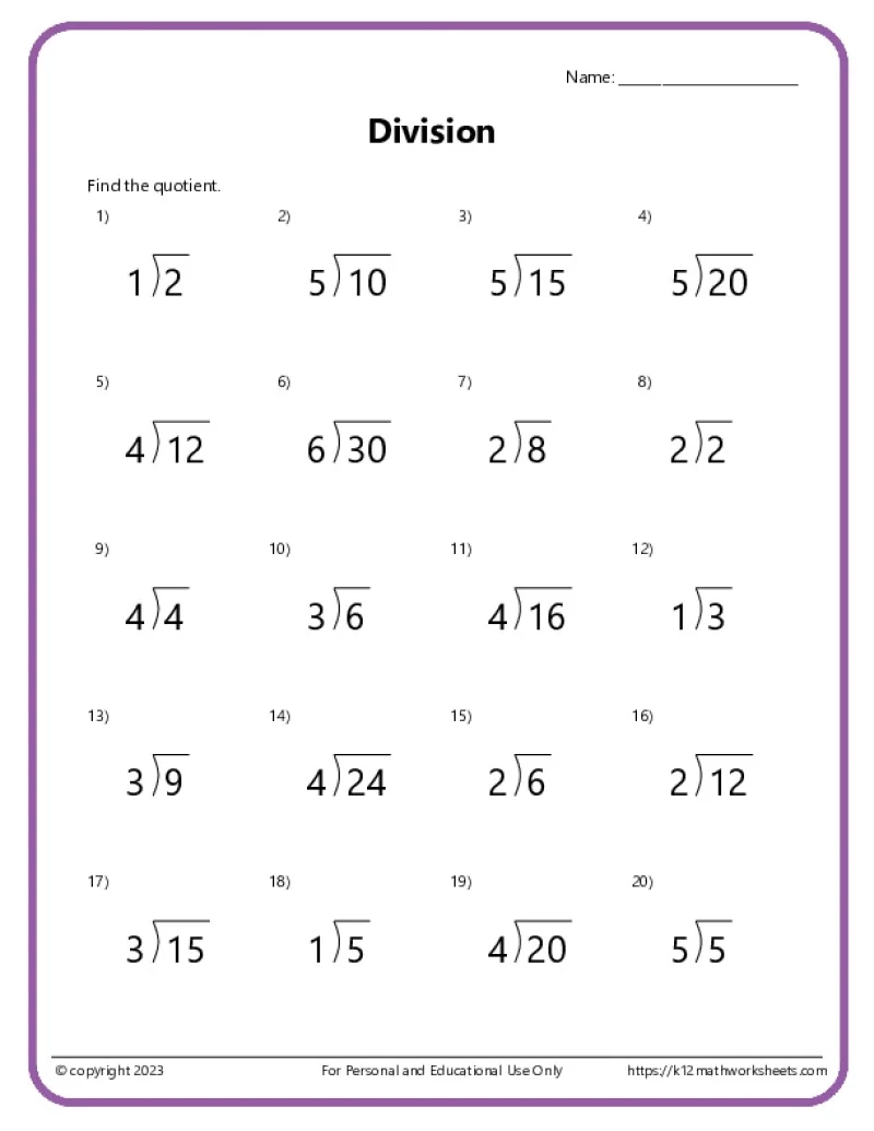 Long Division Worksheets Printable