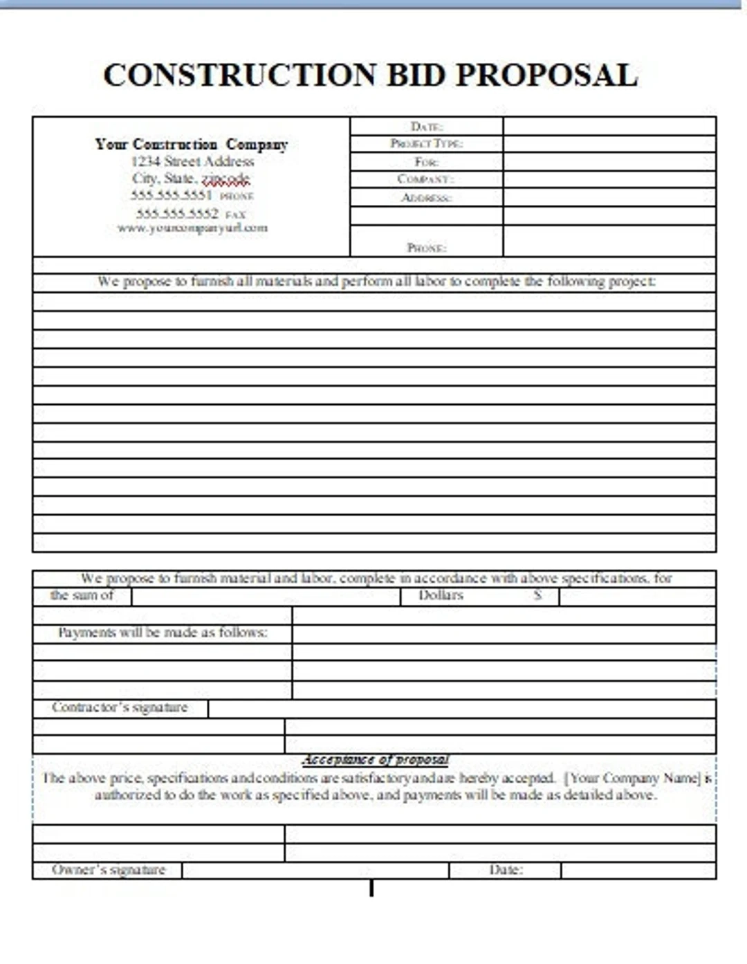 Bid Contruction Proposal Templates PRINTABLE FORM 8 5 By 11 